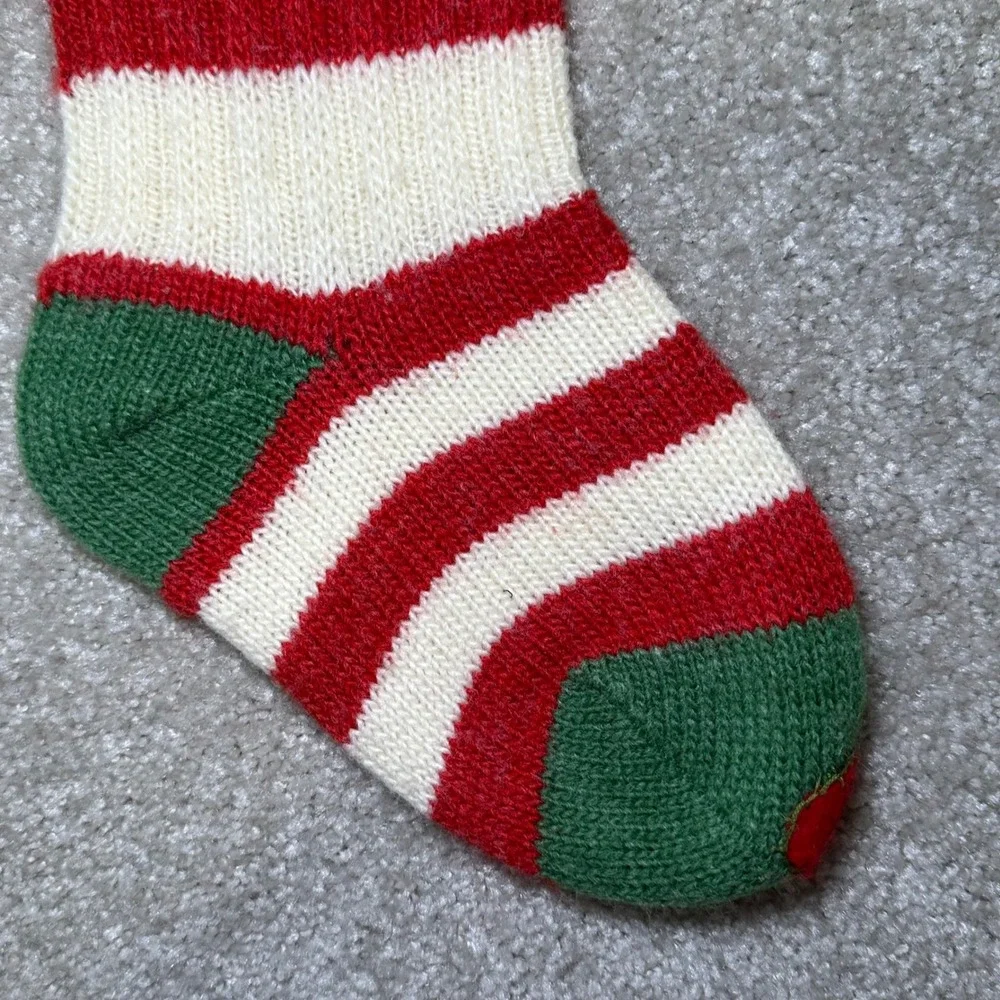 Hand Knit Christmas Stocking Red Cream Green Stripe‎ Hanging Loop Wool